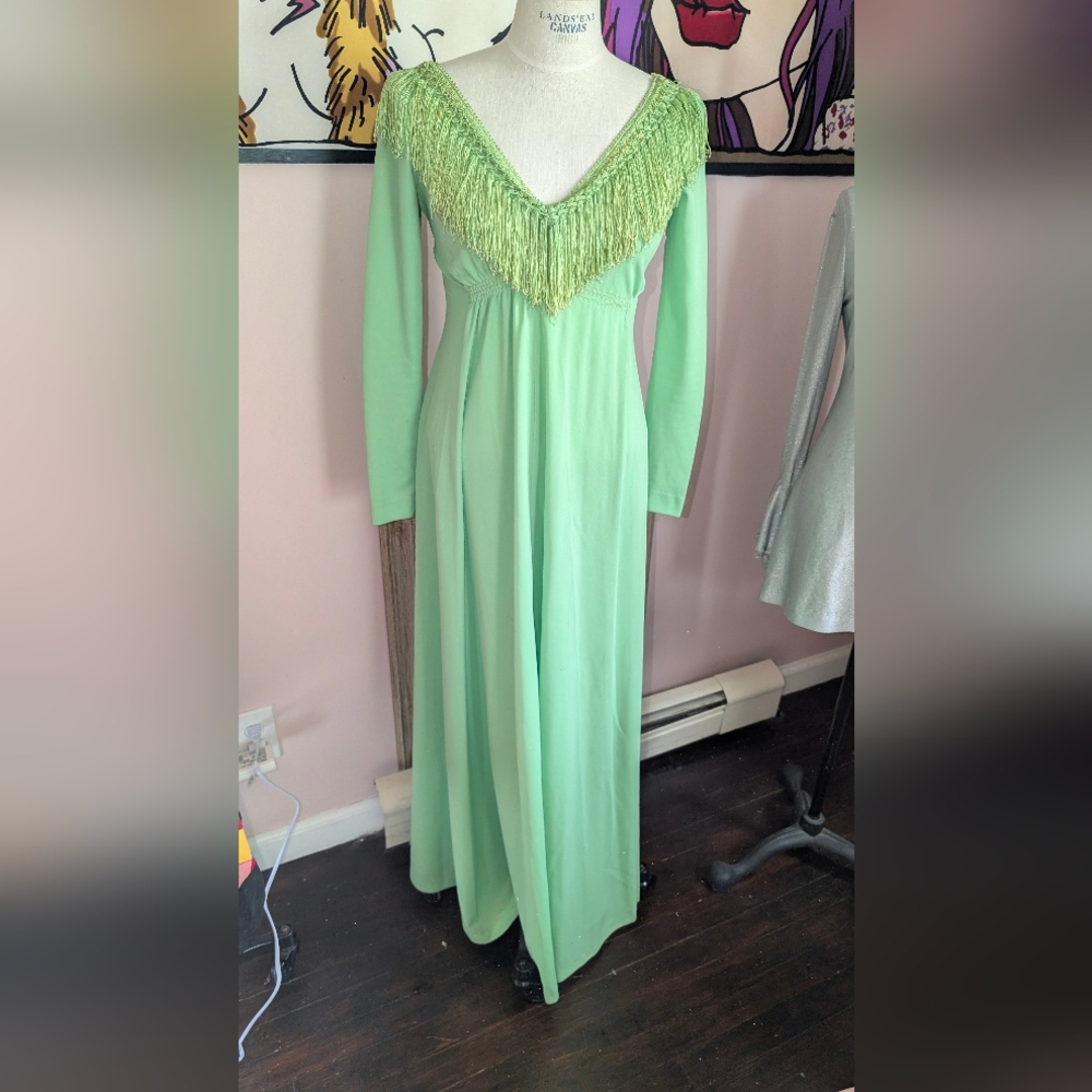 vintage 70s Green fringed Maxi Dress